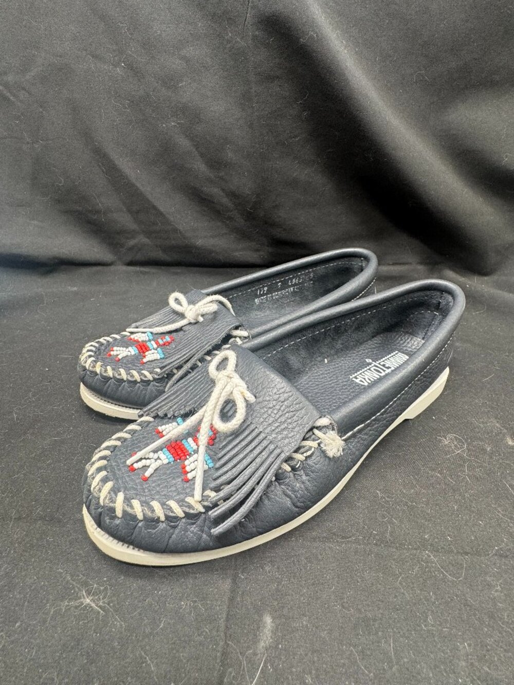 Vintage Minnetonka Thunderbird Smooth Moose Leather Women's Loafers Size 7 navy
